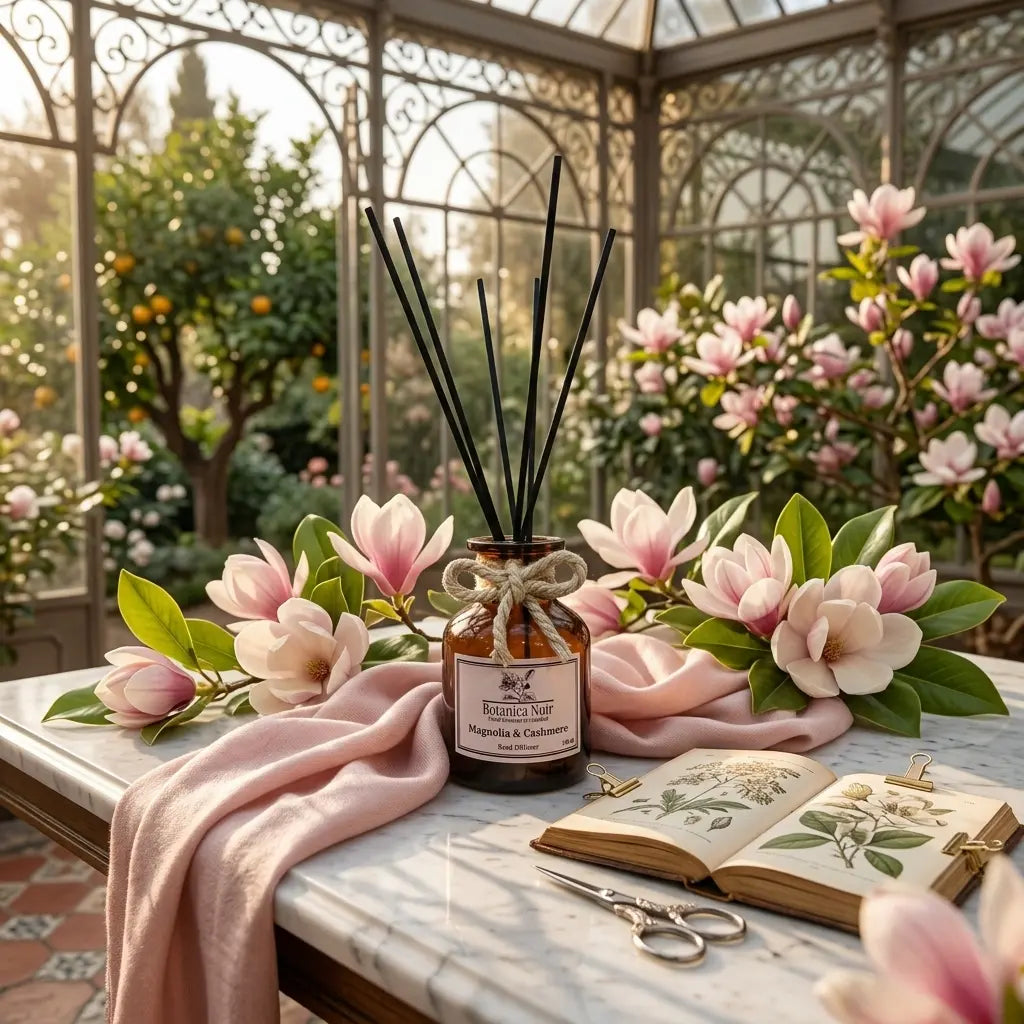 Dekoratif tepsi üzerinde Magnolia & Cashmere çubuklu oda kokusu ve çiçekler, loş bir yatak odasında.