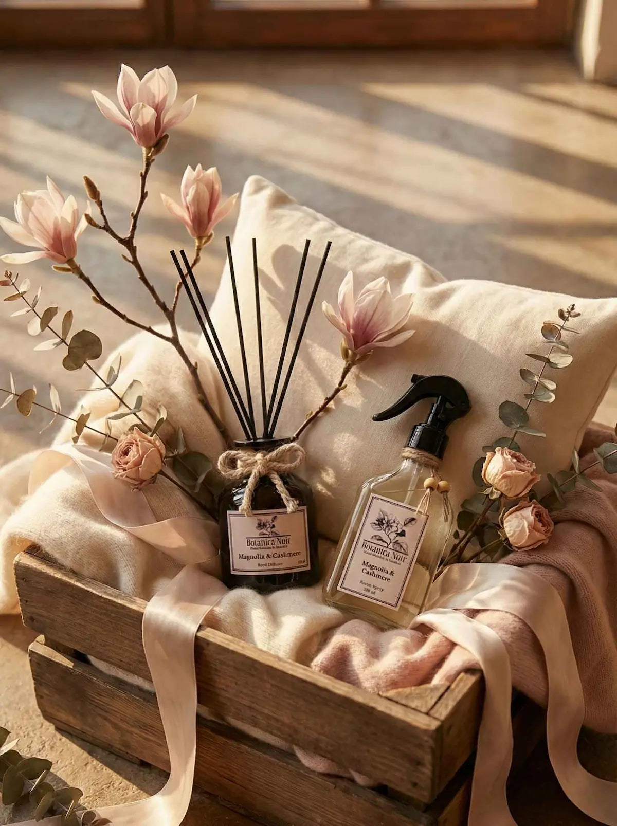 Ahşap kutuda Magnolia & Cashmere oda spreyi ve reed diffuser, çiçeklerle dekorlu.