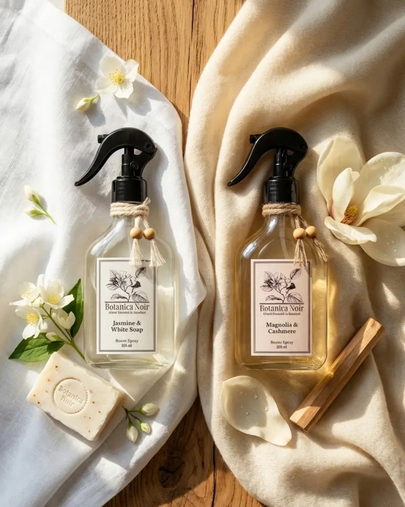 Ahşap kutuda Magnolia & Cashmere oda spreyi ve reed diffuser, çiçeklerle dekorlu.