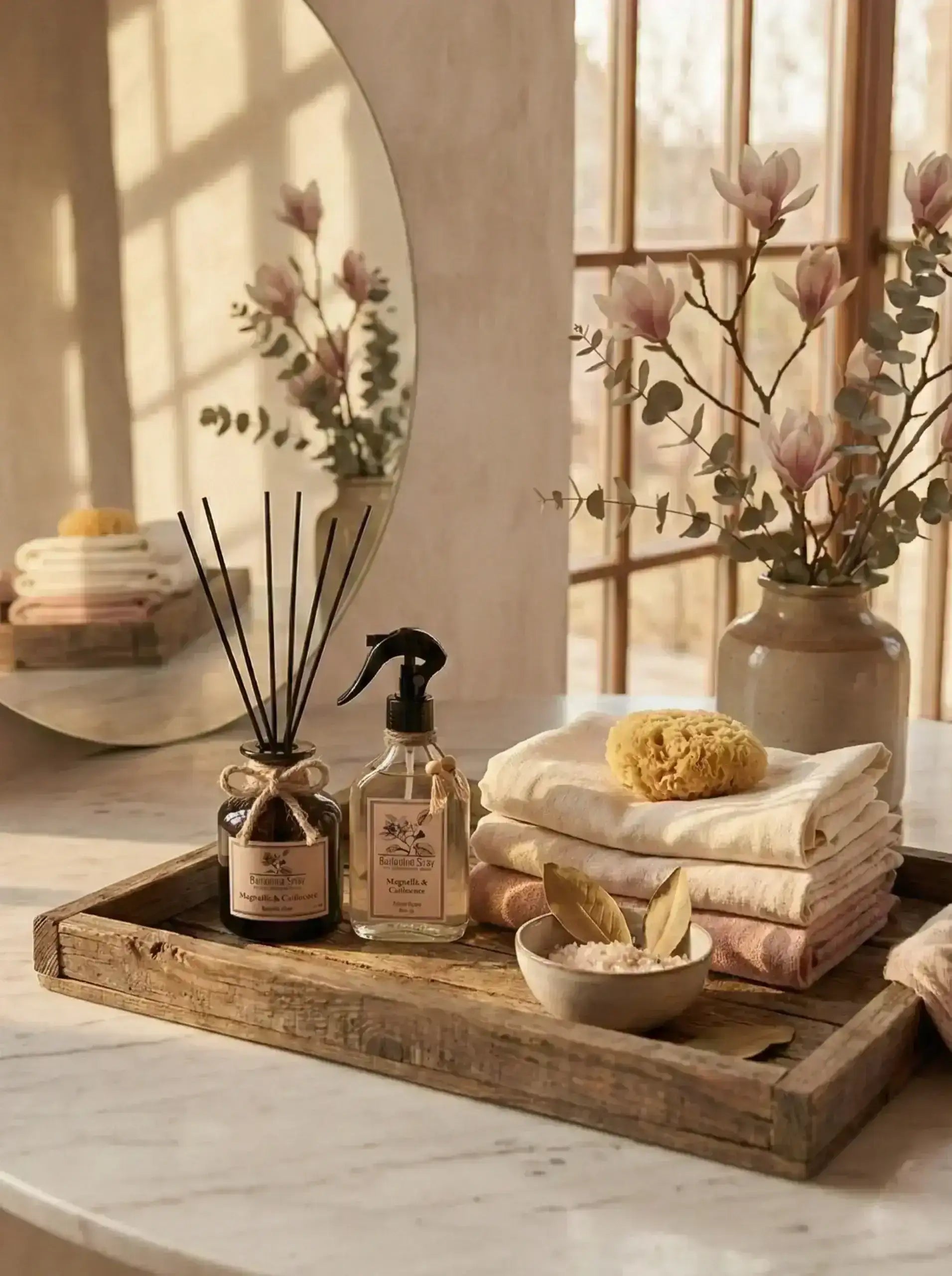 Magnolia ve çubuklu oda kokusu, sprey, havlu ve süngerin rustik tepside dekoratif sunumu
