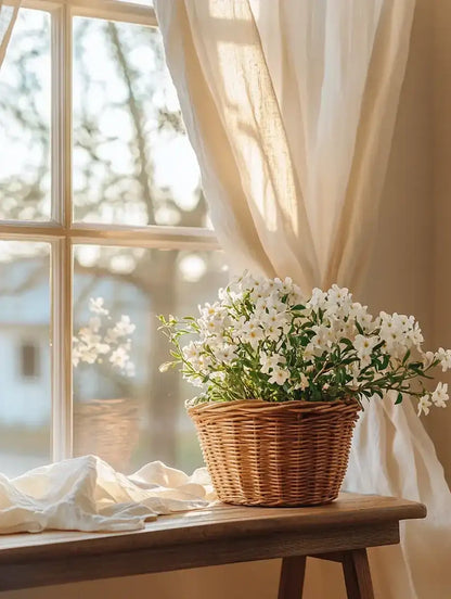 Güneş ışığında pencere önünde beyaz çiçekli sepet, sıcak ve doğal oda dekorasyonu