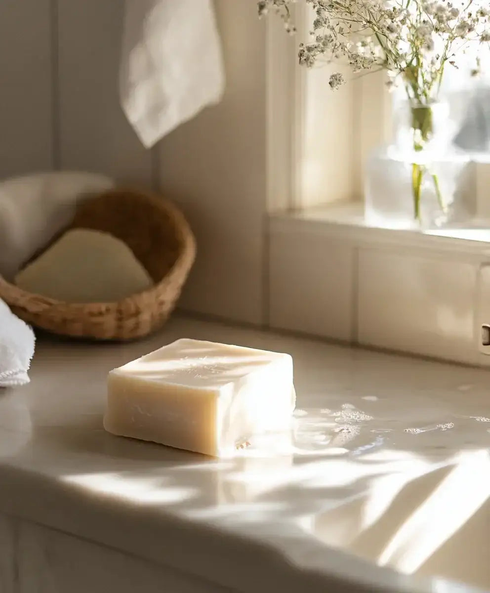 Güneş ışığında mermer tezgah üzerinde artizan beyaz sabun, arka planda çiçek ve sepet